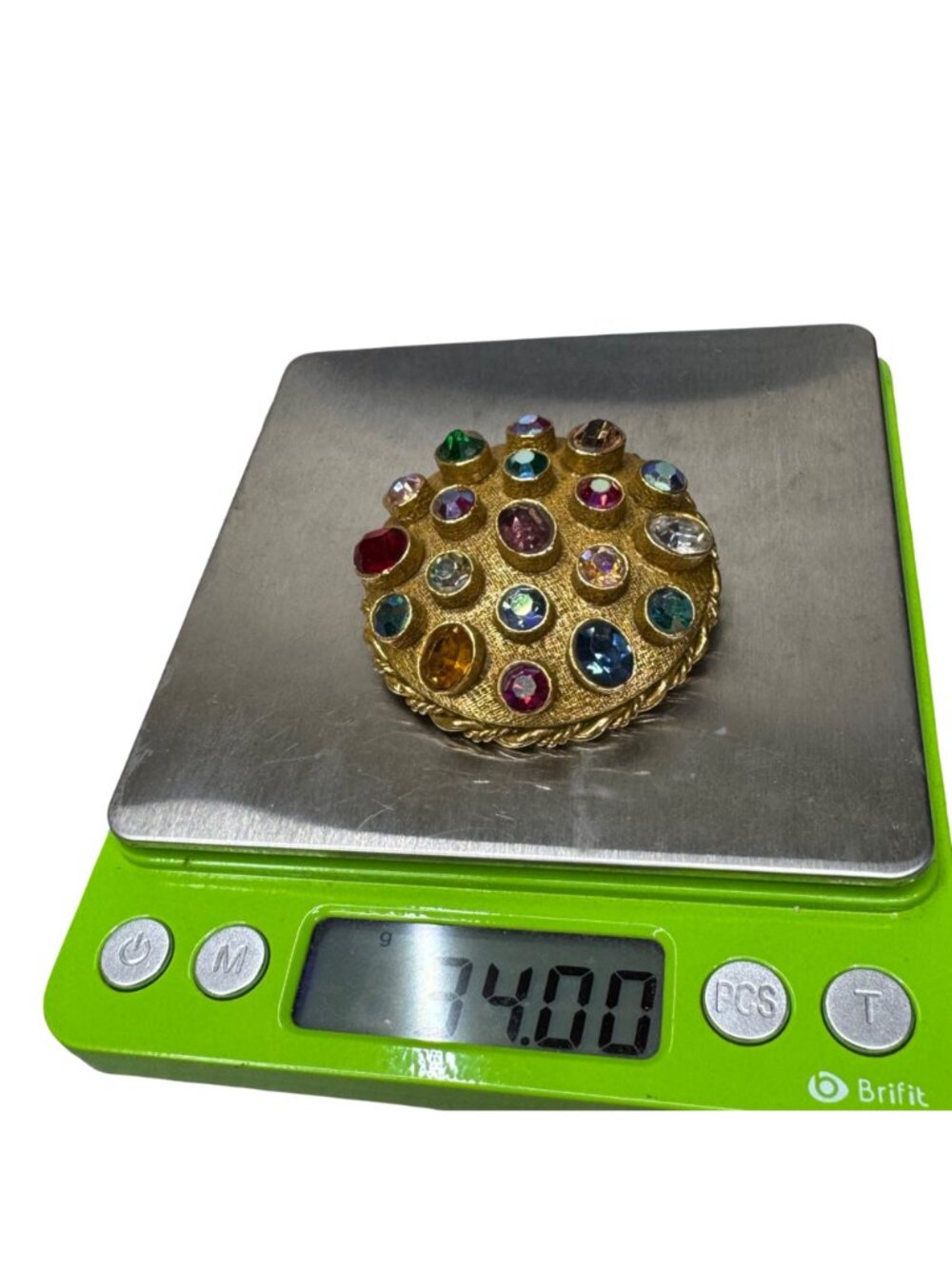 Vintage ART Signed Gold Tone Brooch Multicolor Rhinestones Round Statement 2" - Picture 6 of 11